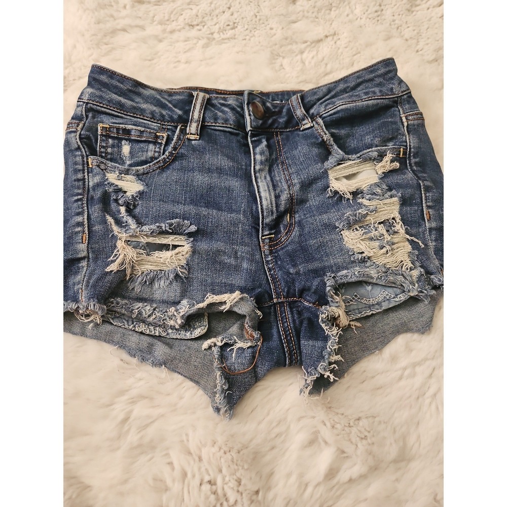 American Eagle Super Stretch Denim Shorts Womens Size 4 Hi-Rise Distressed Blue - Picture 8 of 12